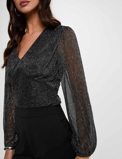 V-hals T-shirt met lange mouwen couleur argent vrouw