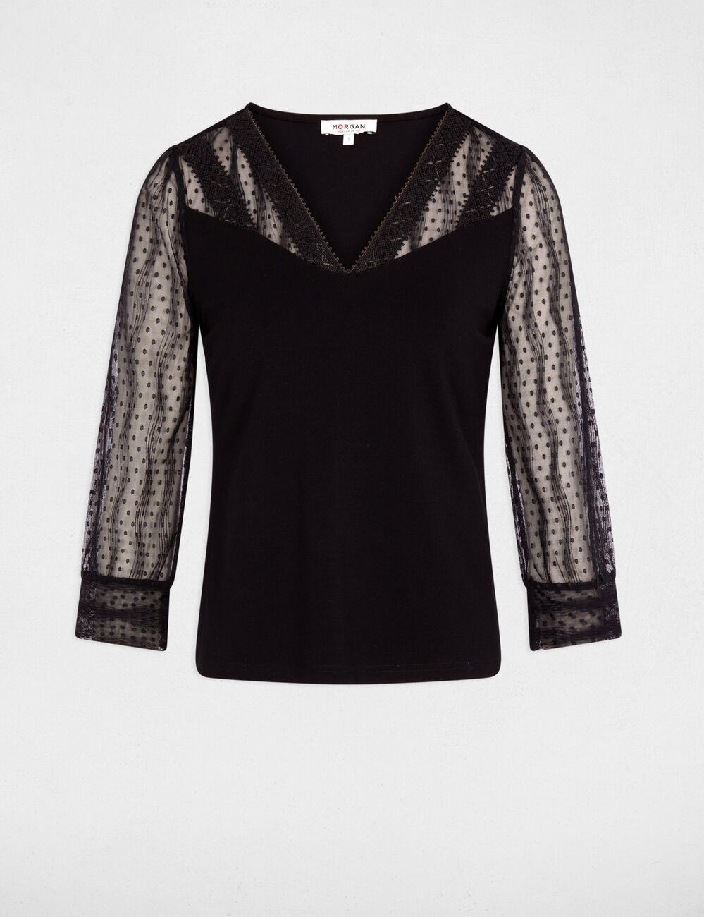 T-shirt dentelle col v noir femme