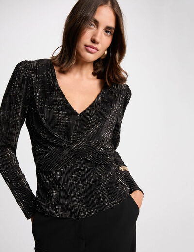 T-shirt plissé col v noir femme