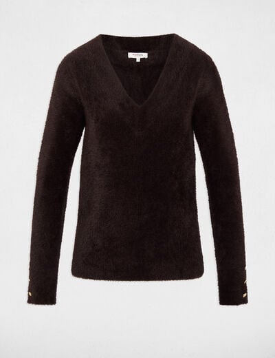 Pull col v manches longues marron fonc&eacute; femme
