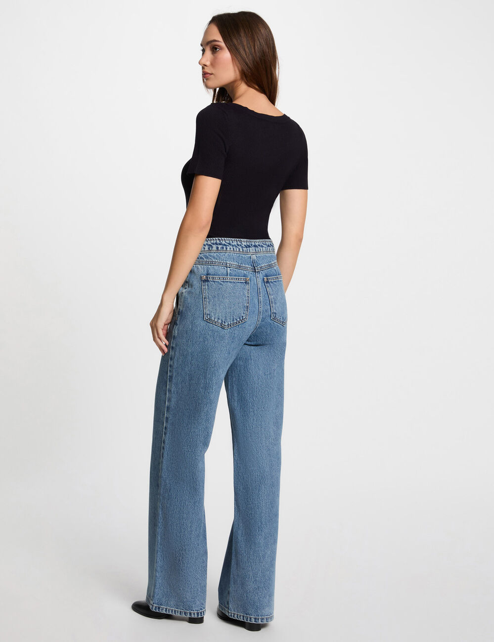 Hoge taille bootcut jeans dubbel stone washed denim vrouw