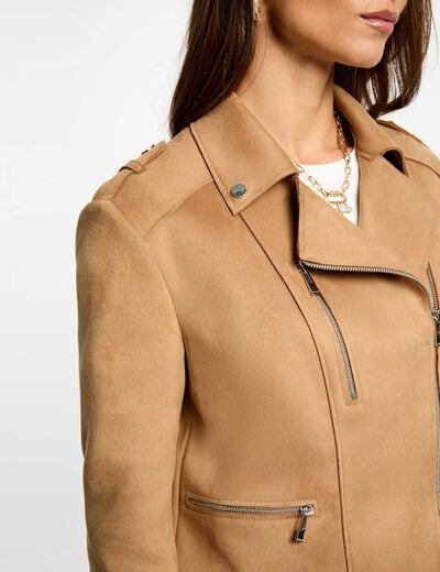 Veste courte su&eacute;dine marron cognac femme
