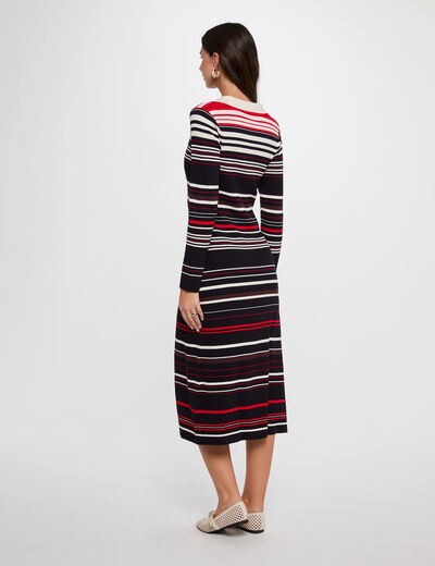 Robe tricot ray&eacute;e manches longues bleu marine femme
