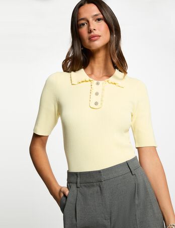 Pull col &agrave; revers jaune pastel femme