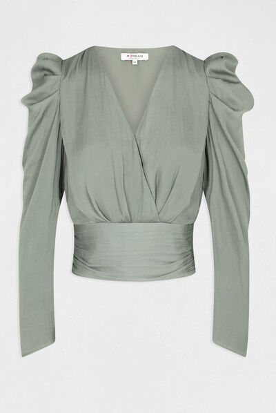 Blouse manches longues col cache-coeur vert moyen femme
