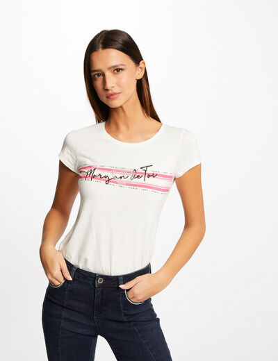T-shirt manches courtes à inscription fuchsia femme