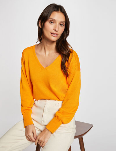 Pull col en V manches longues orange femme