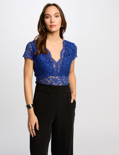 Kanten T-shirt met V-hals bleu electrique vrouw