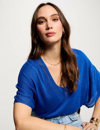 Pull col en V manches courtes bleu electrique femme