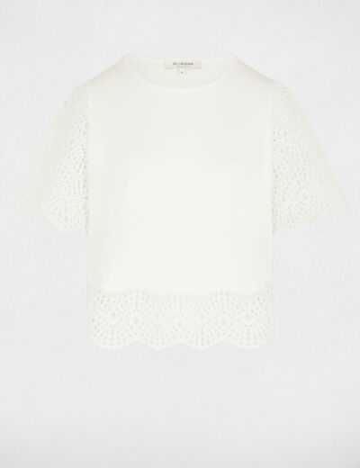 T-shirt dentelle col rond blanc femme