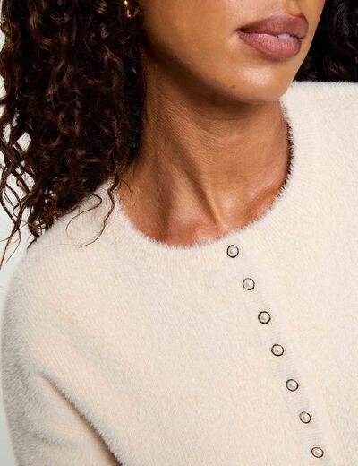 Pull col rond &agrave; boutons beige femme