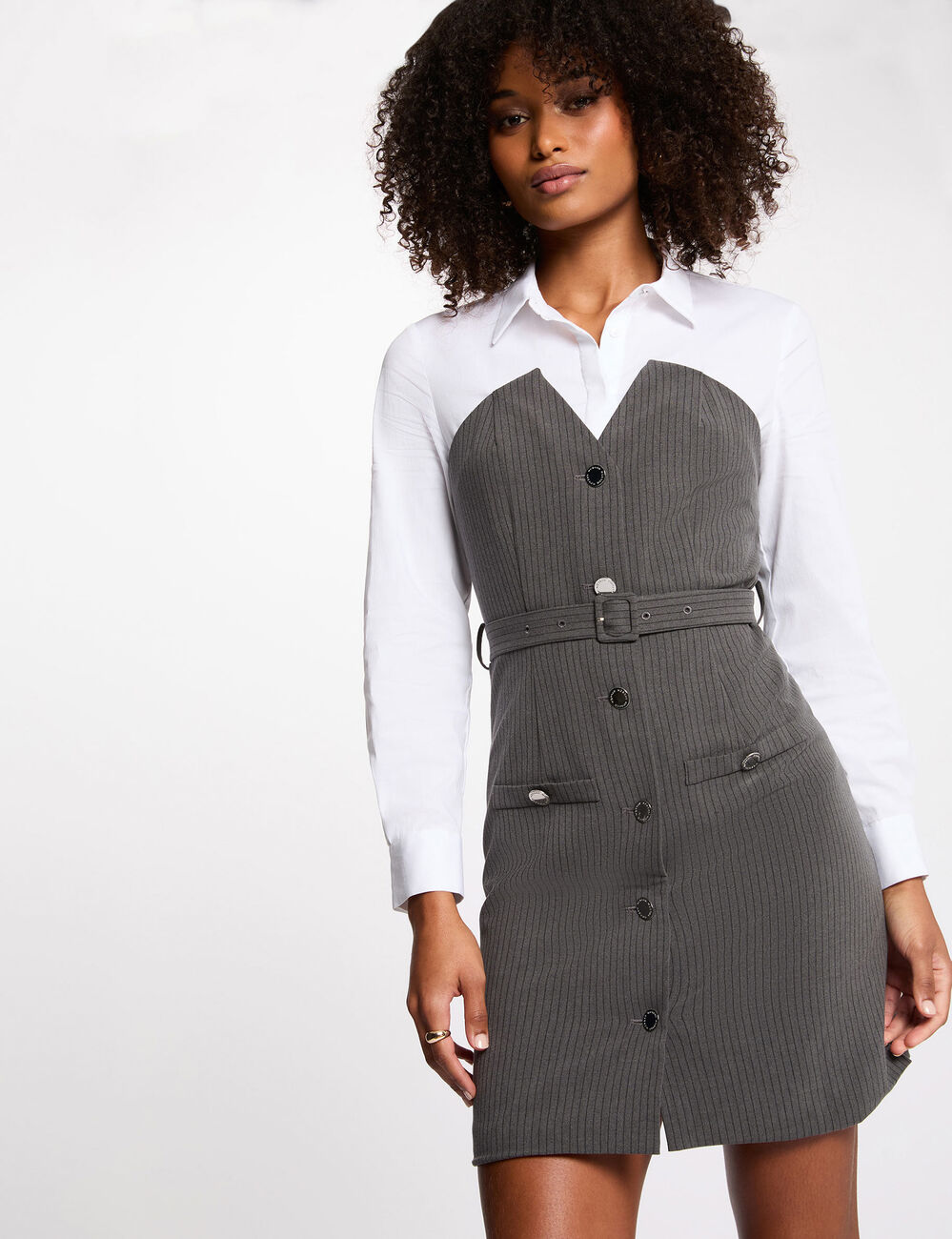 Robe fluide col à revers gris moyen femme