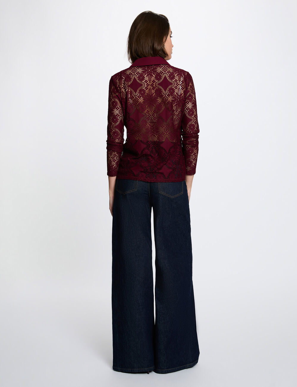 Kant blouse met reverskraag bordeaux vrouw