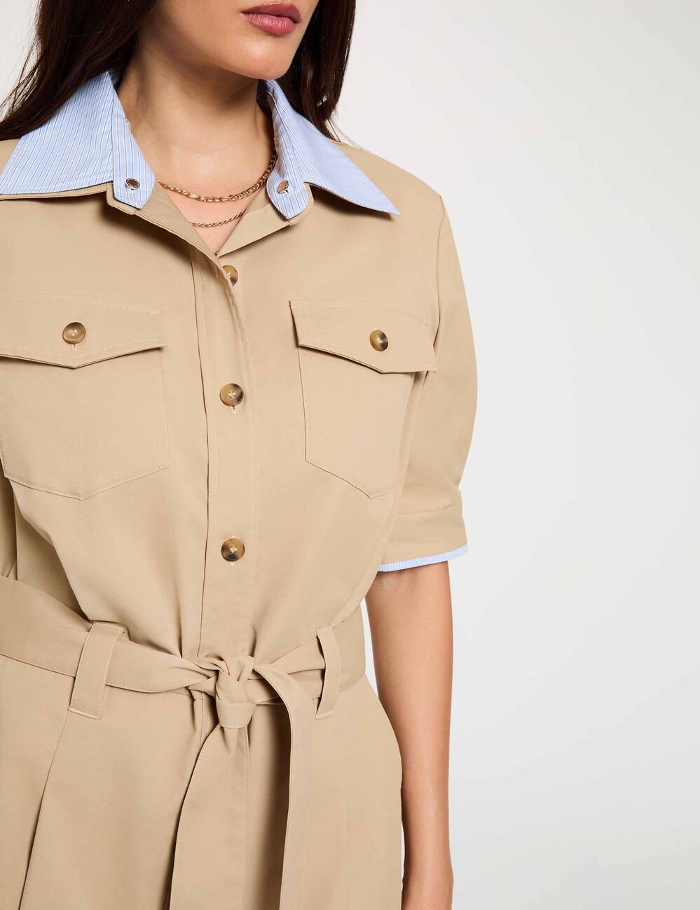 Robe courte col &agrave; revers beige femme