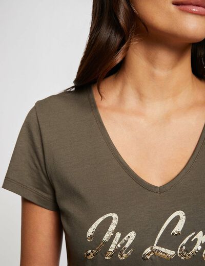 T-shirtopschrift en pailletten brons vrouw
