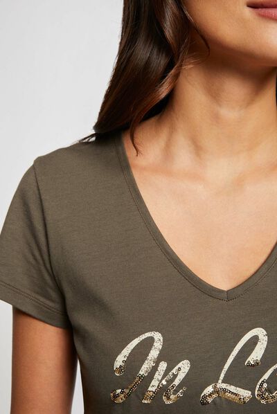 T-shirtopschrift en pailletten brons vrouw