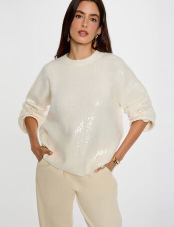 Pull sequins col rond ivoire femme