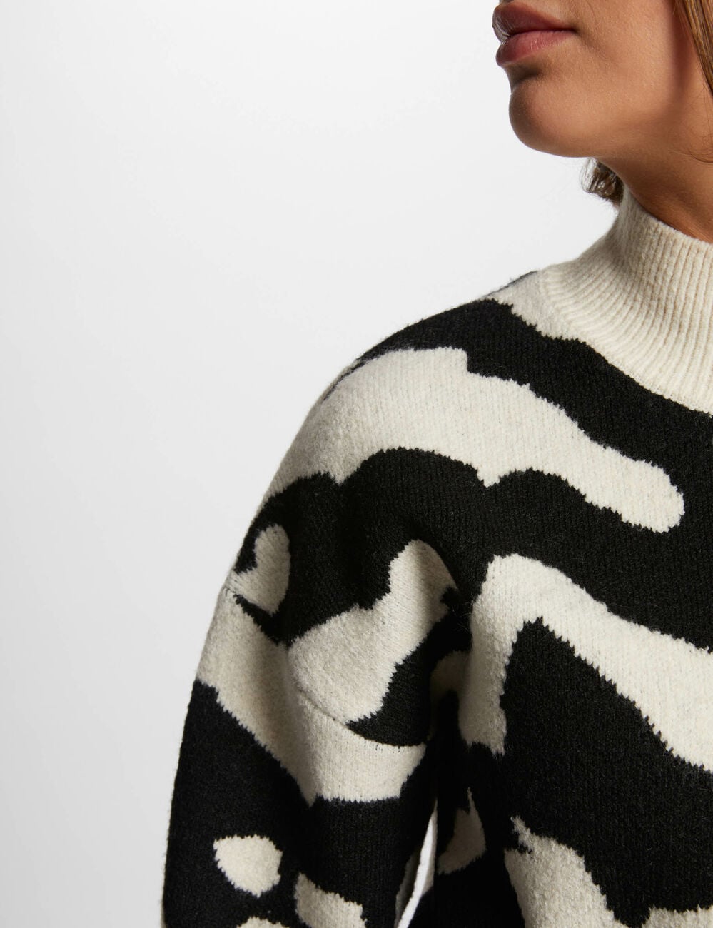 Pull col montant imprim&eacute; beige femme