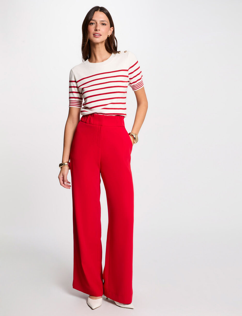 Pantalon large taille haute rouge femme