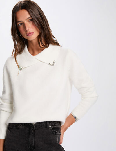 Pull col à revers ivoire femme