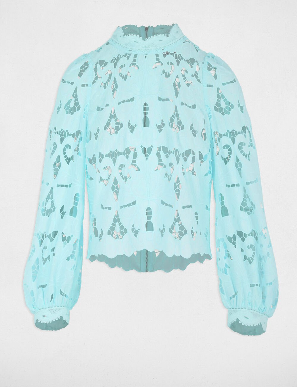 Blouse met borduursel en hoge kraag hemelsblauw vrouw