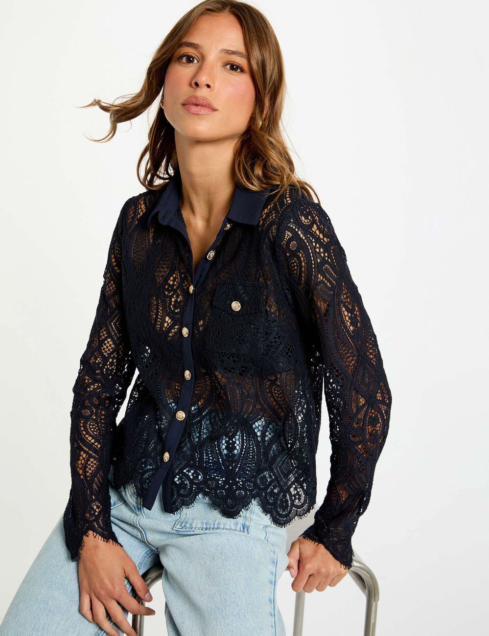 Korte kanten blouse marineblauw vrouw