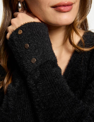 Pull manches longues maille duveteuse noir femme