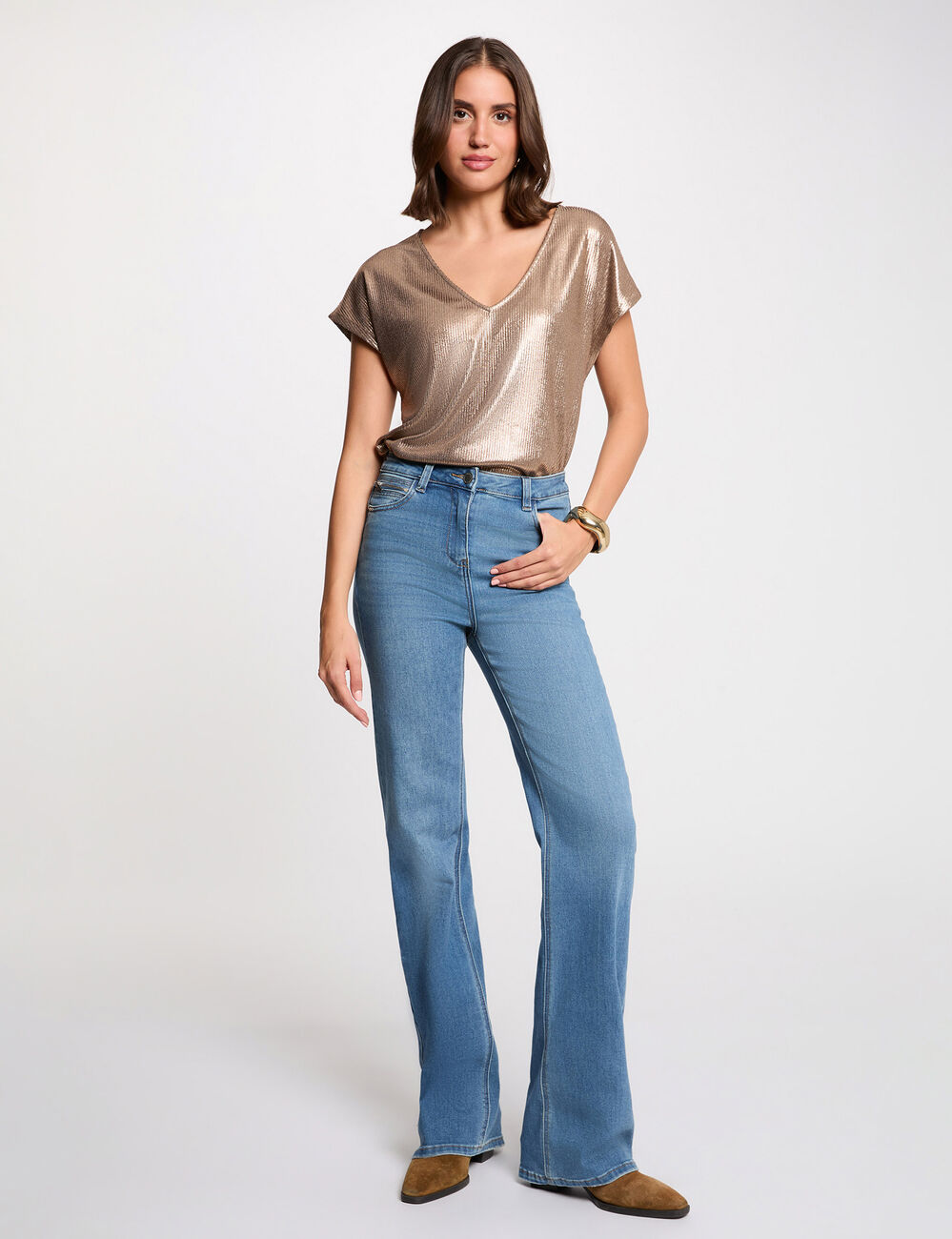 T-shirt col v côtelé couleur bronze femme