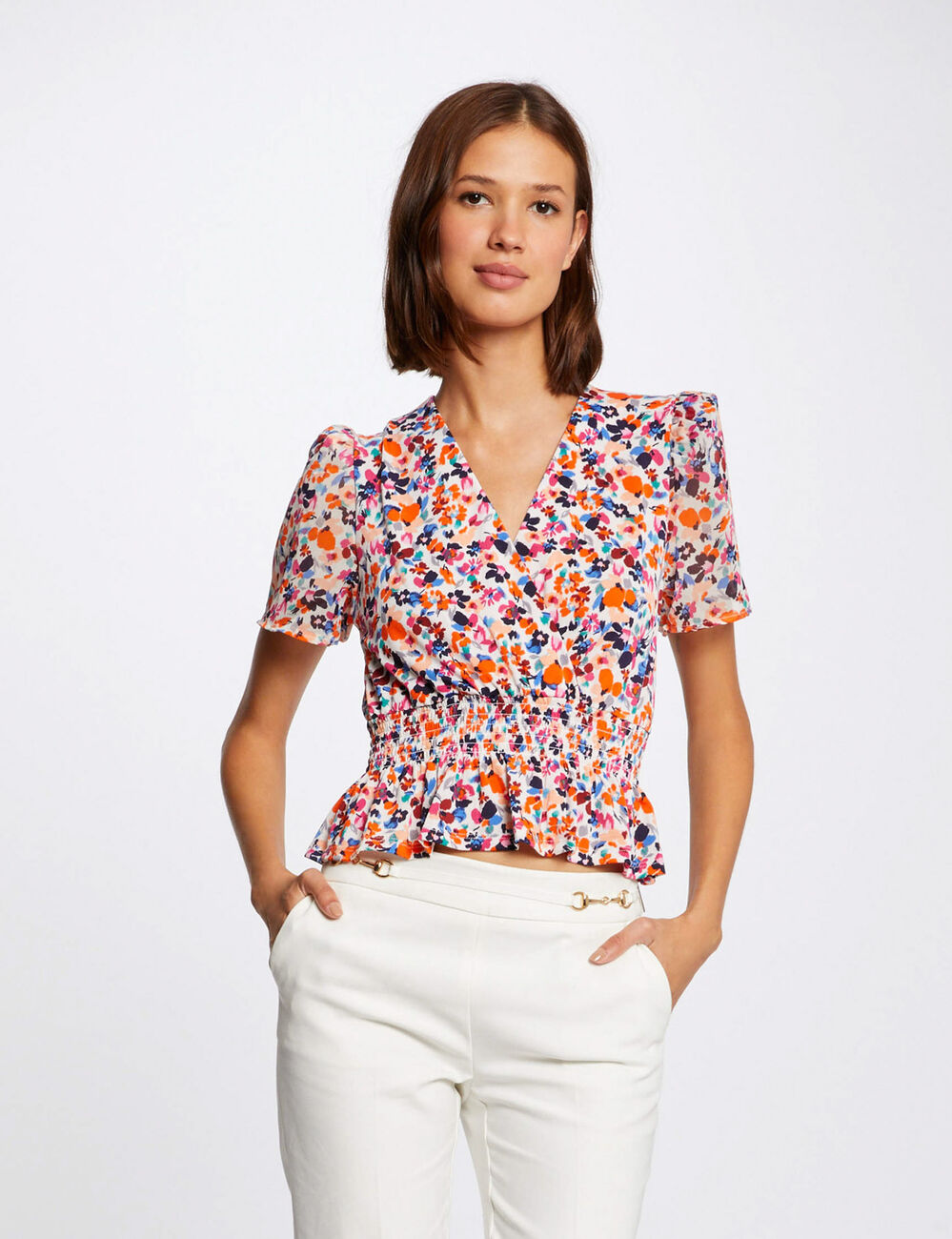 T-shirt korte mouwen en bloemenmotief ecru vrouw