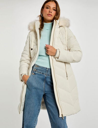 Lange donsjas met capuchon ivoor vrouw