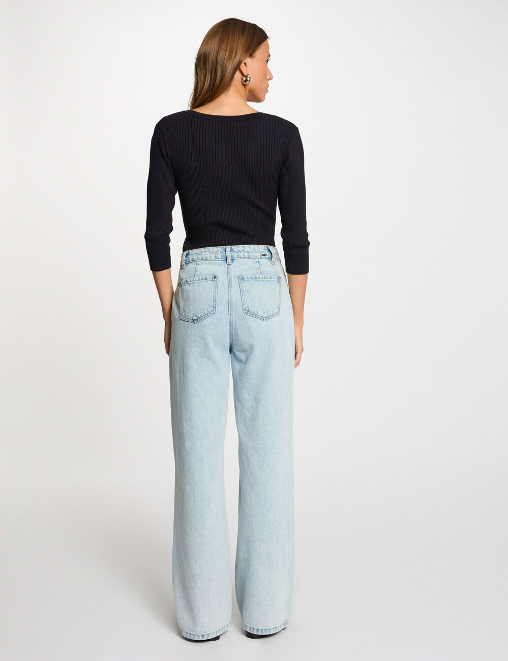 Geribde trui met V-hals marineblauw vrouw