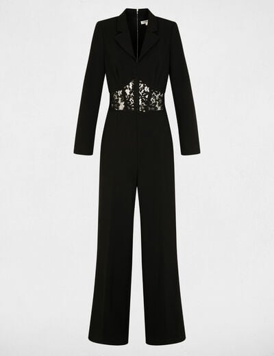 Kant jumpsuit met reverskraag zwart vrouw
