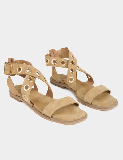 Sandale plates en cuir su&eacute;dine beige femme