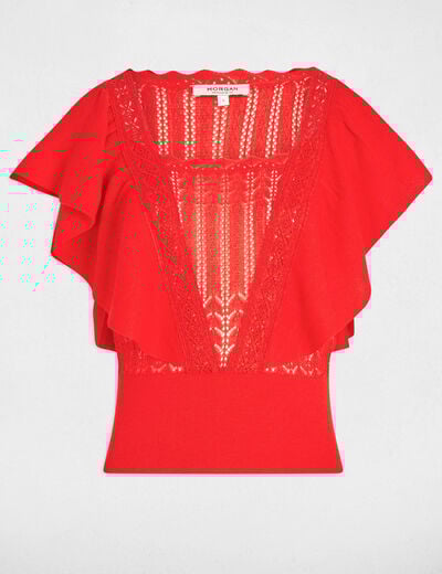 Pull manches courtes dentelle orange femme