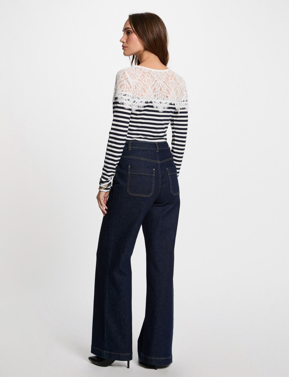 Gestreept T-shirt met lange mouwen helder wit vrouw