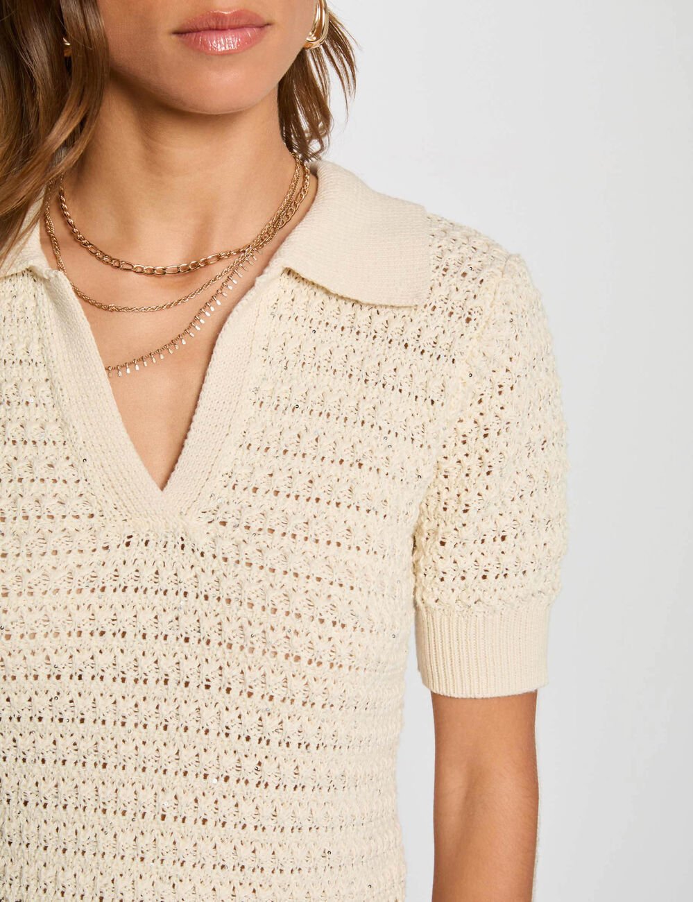 Pull col polo manches courtes ecru femme