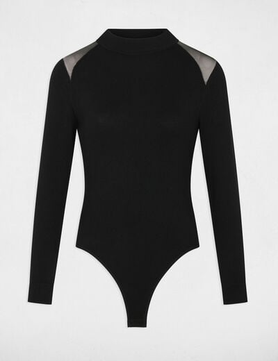 Body met transparante schouder zwart vrouw