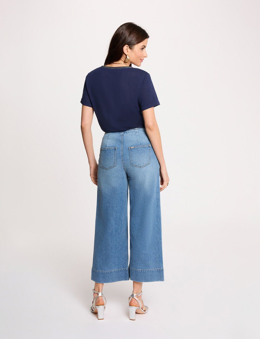 T-shirt met parels en V-hals marineblauw vrouw