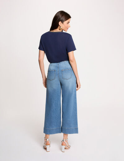 T-shirt met parels en V-hals marineblauw vrouw