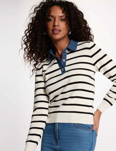Pull ray&eacute; col &agrave; revers ivoire femme