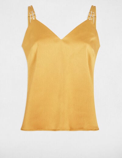 Top satin à bretelles jaune moutarde femme