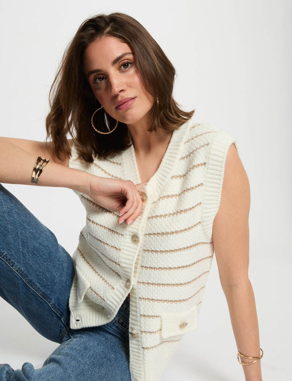 Mouwloos gestreept vest beige vrouw