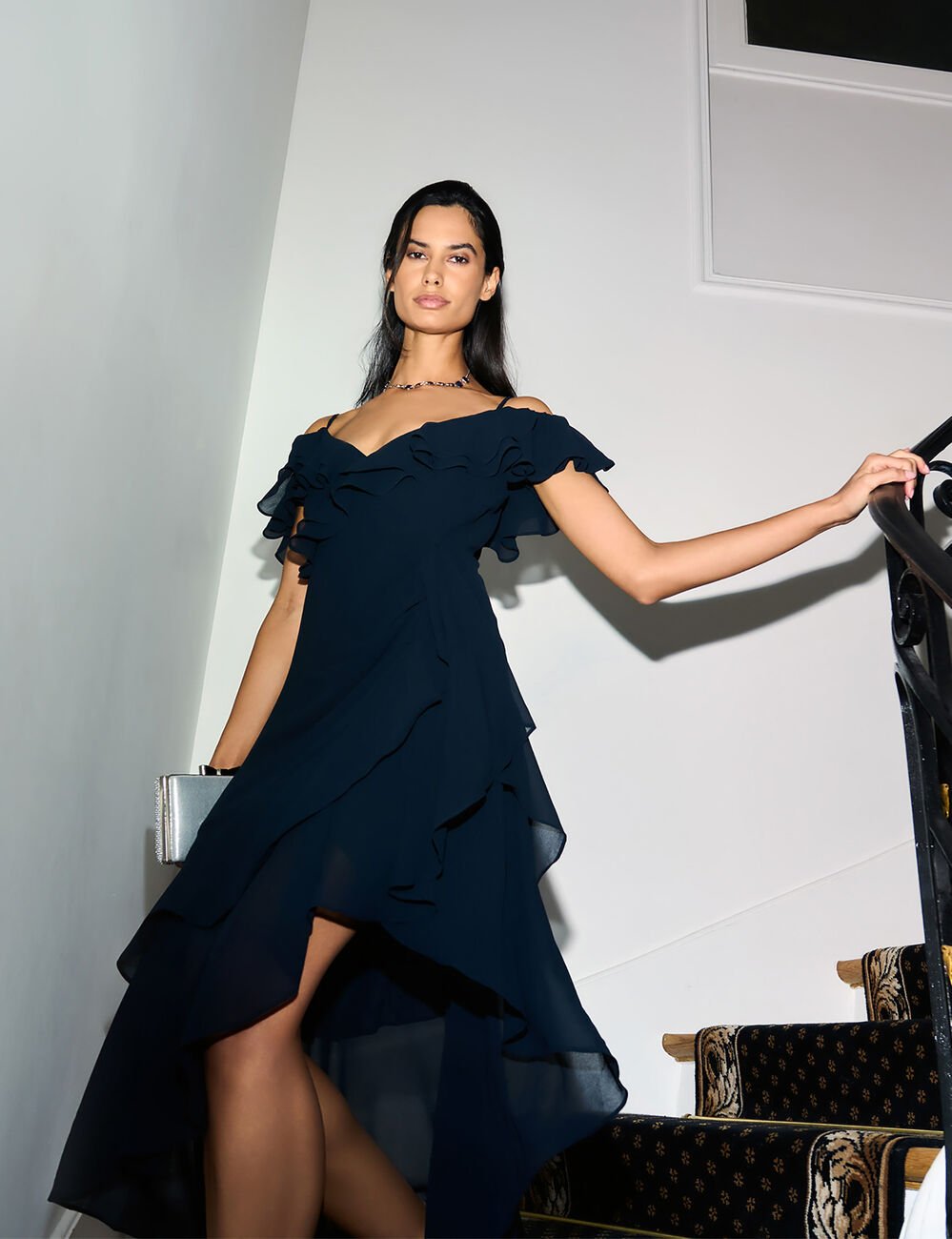 Robe midi droite volants bleu marine femme