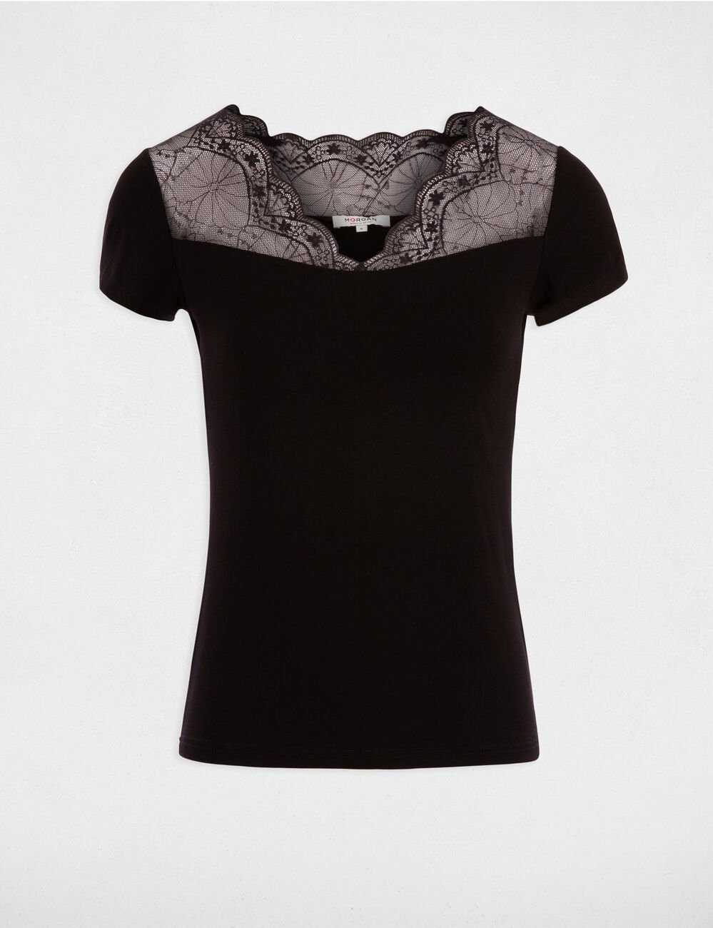 Aansluitende T-shirt met kant inzet zwart vrouw