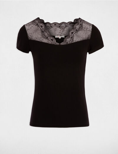 Aansluitende T-shirt met kant inzet zwart vrouw