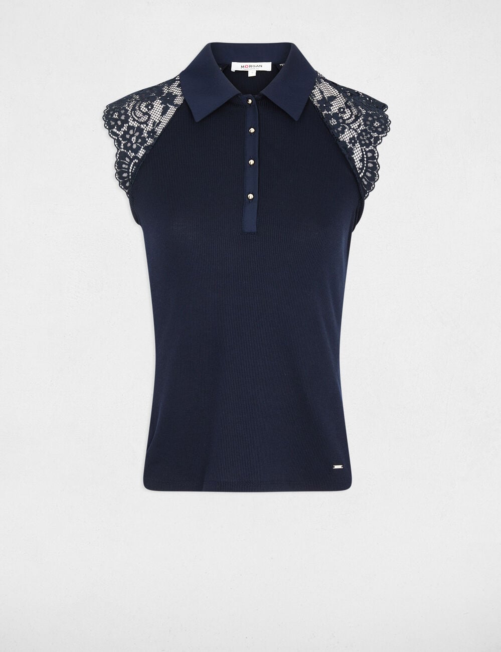 T-shirt dentelle col revers bleu marine femme
