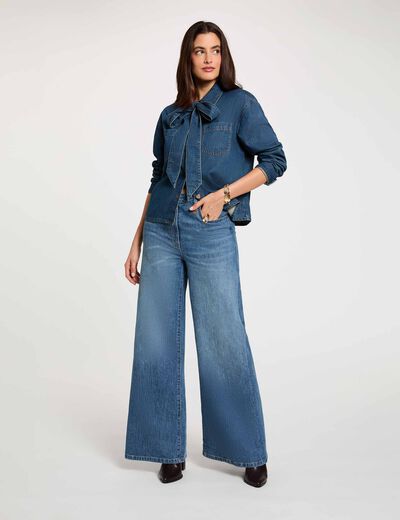 Hoge taille wijde jeans stone washed denim vrouw