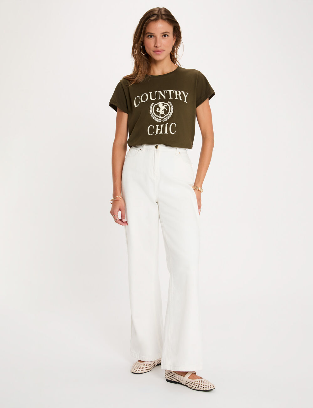 T-shirt col rond manches courtes vert kaki femme