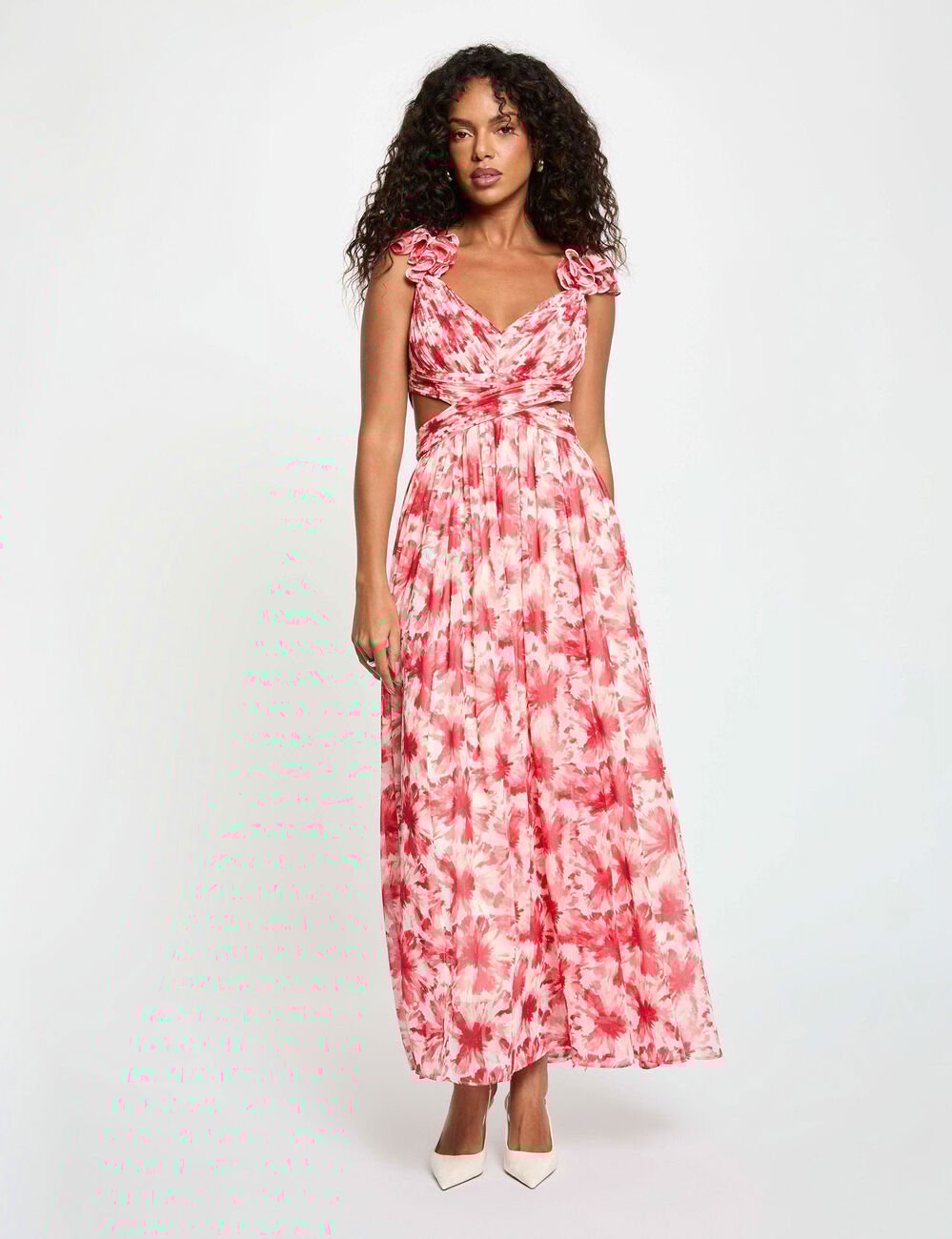 Robe longue florale &eacute;vas&eacute;e rouge femme