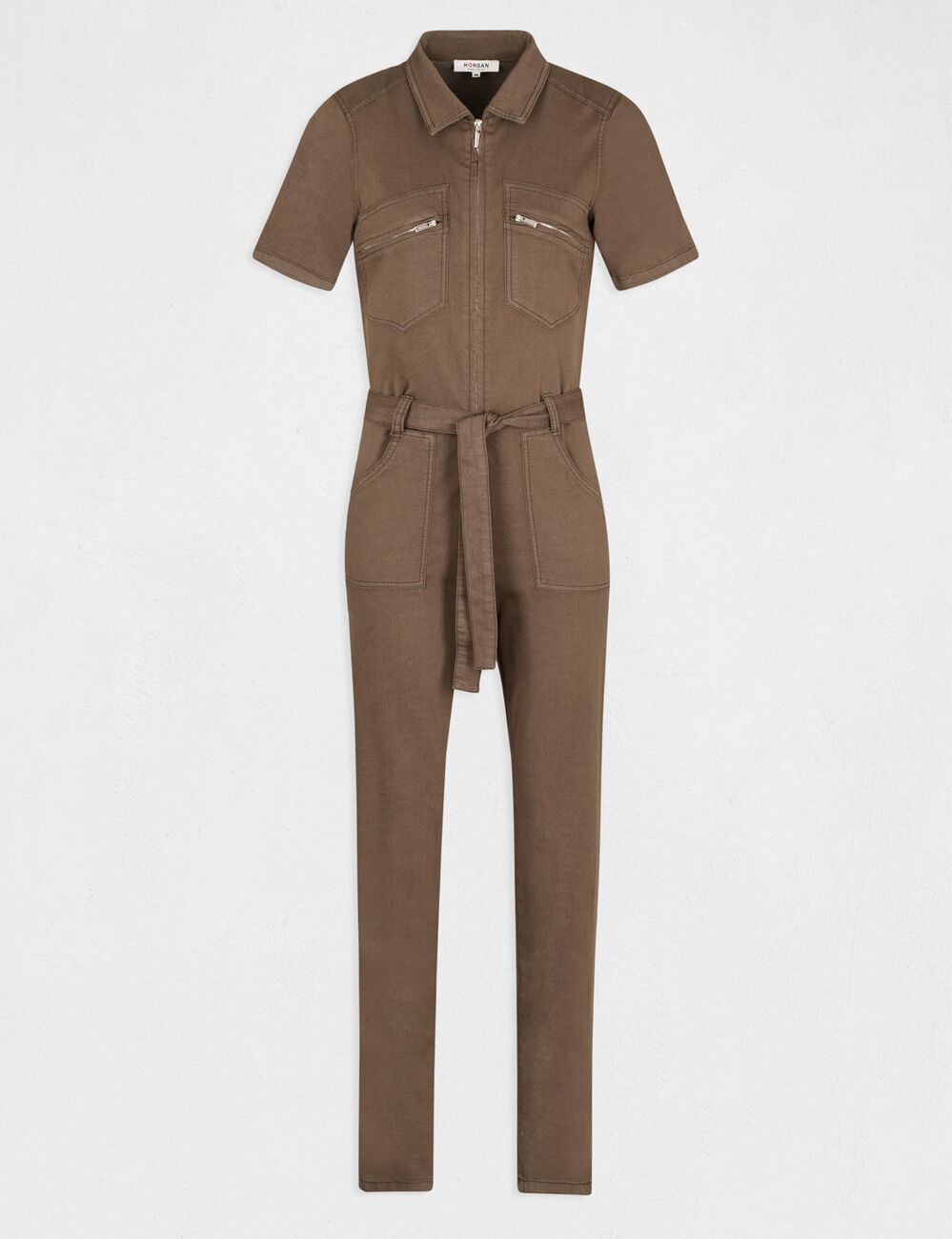 Recht getailleerde jumpsuit met riem brons vrouw